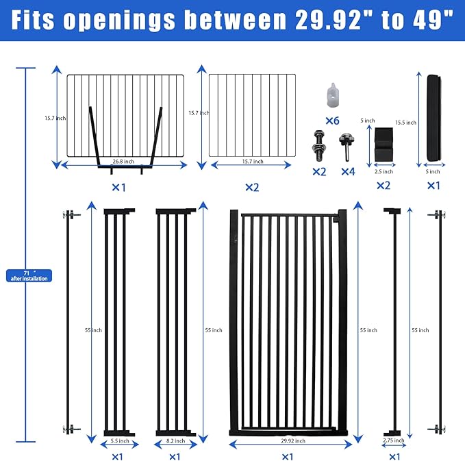 71 inch Extra Tall Gate Pet Gate,29.92"-49" Extra Wide Pressure Mounted,Cat Gates for Stairs, Kitchen,Doorways (Black)
