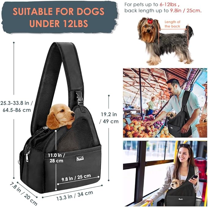 Lukovee Dog Slings for Small Dogs, Hard Bottom Support & Adjustable Soft Padded Shoudler Strap Dog Sling Carrier, Dog Purse with Button Closure & Zipper Pockets (for Pets 6-12 lbs, Black)