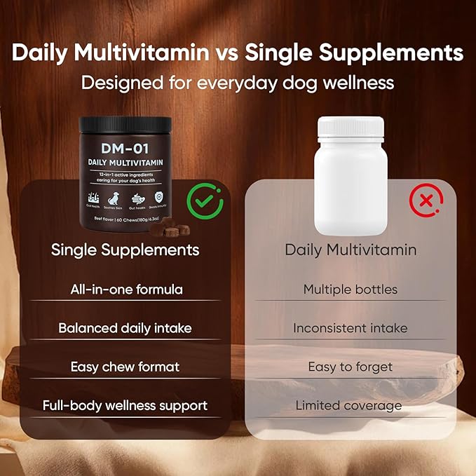 DM-01 Daily Multivitamin for Dogs - Advanced Hip & Joint Support, Boosts Immune System & Digestion, Promotes Skin, Coat & Organ System Health, Enhances Activity & Mood, 60 Chews (1)