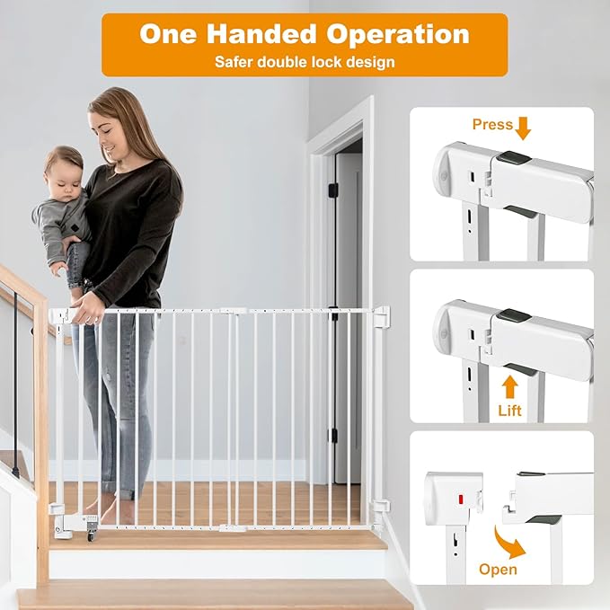 No Bottom Bar Baby Gate, 37 inch Tall Cat Pet Gate for Doorway, Adjustable 27.5in- 43 in Dog Gate with Large Walk Thru Door (White, 37inch)