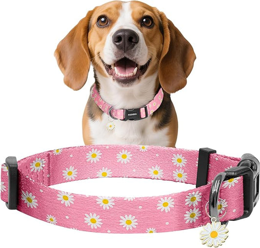 Kazazoo Dog Collar Cute and Soft Nylon Puppy Collar Girl, Adjustable Dog Collars for Small Medium Dogs, Pink Daisy-M