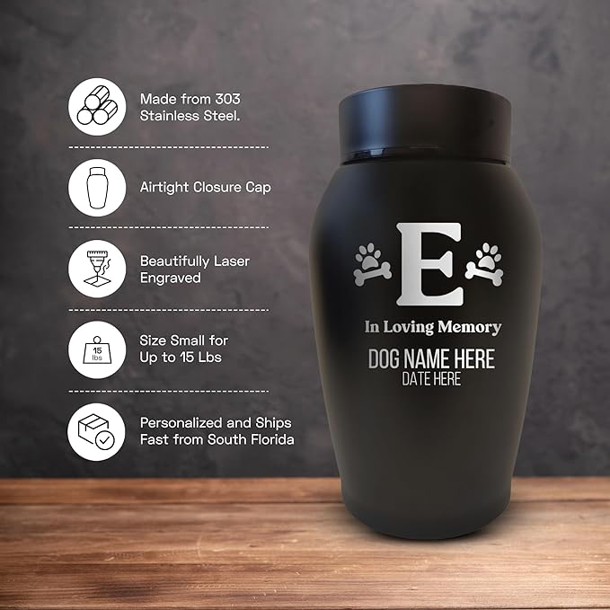 Personalized Custom Small Keepsake Urn Engraved with Pet Name, Date, and Dog Design - 5.2" Black Powder Coated Steel Cremation Urn for Dogs Ashes | 12-16 lb Capacity, Dog Bone and Paw