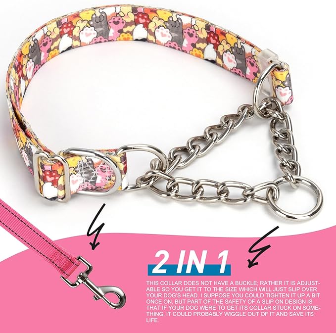 No-Pull Dog Training Collar with Chain, Choke Collar for Medium & Large Dogs - Cute Dog paw Design Pattern (Size Medium)