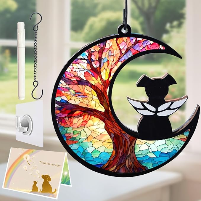 Dog Angel Memorial Suncatcher with Rainbow Bridge Poem Card, Pet Sympathy Gifts for Loss of Dogs and Cats, Life Tree