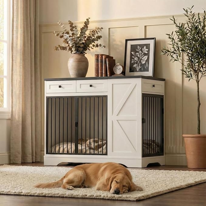 43.3" Dog Crate Furniture with Storage, Large Dog Kennel with 3 Drawers & 2 Feeding Bowls, Indoor Decorative Dog Cage for Large/Medium Dogs