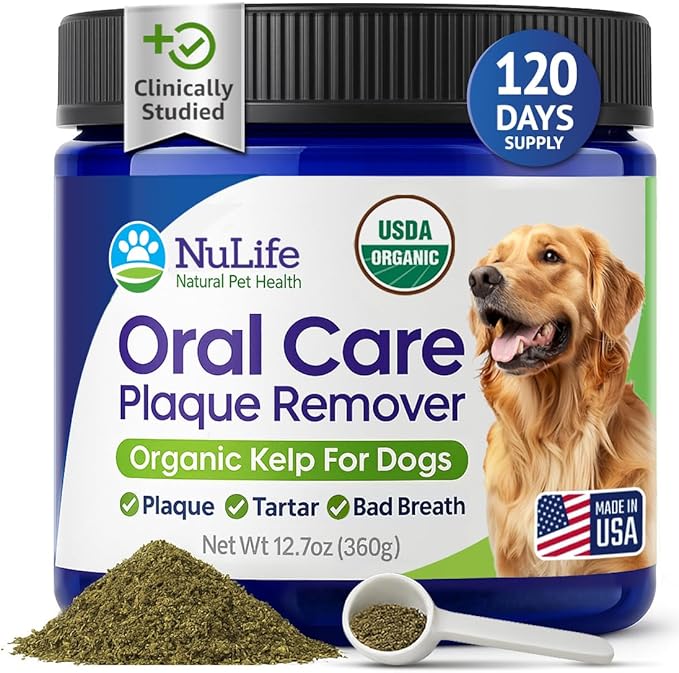 NuLife Natural Pet Health Dog Teeth Cleaning Powder, Dog Plaque and Tartar Remover, Bad Breath Treatment for Dogs with USDA Organic Sea Kelp Powder, Dog Dental Care Made Easy, for All Ages, 12 oz