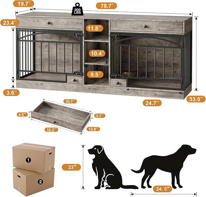 IDEALHOUSE 78.7" Double Dog Crate Furniture with Storage and 2 Doors, Dog Kennel Indoor with Feeding Bowls, Wood Dog Crate TV Stand for Small Medium Dogs, Grey