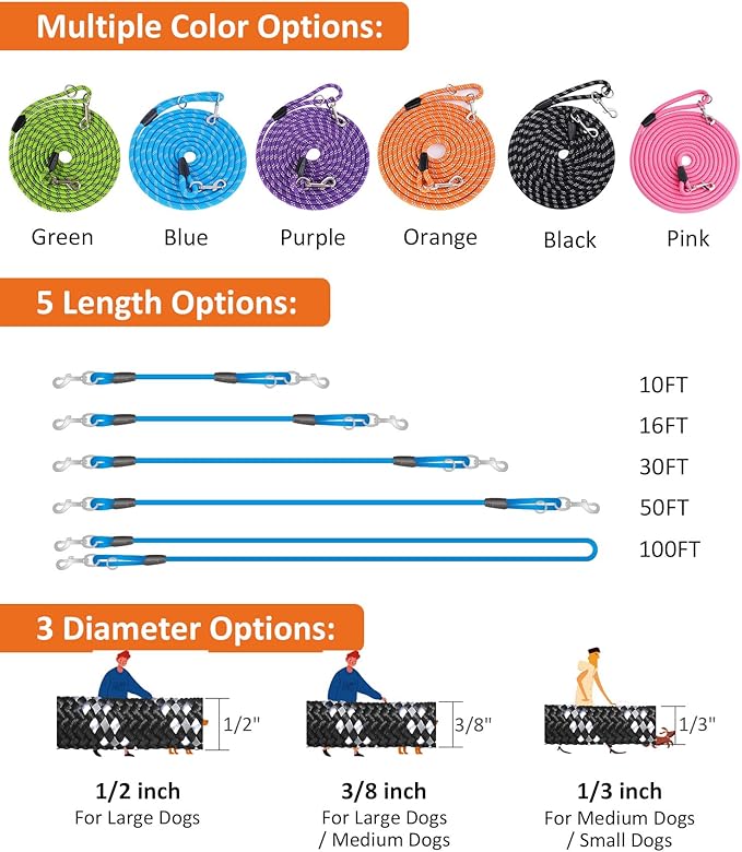 Long Dog Leash for Training - 16FT/30FT/50FT/100FT, Reflective with Lockable Hook, Heavy Duty for Large/Medium/Small Dogs - Pink 50FT