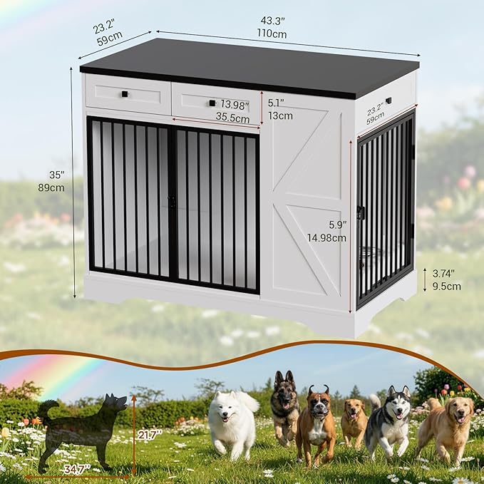 43.3" Dog Crate Furniture with Storage, Large Dog Kennel with 3 Drawers & 2 Feeding Bowls, Indoor Decorative Dog Cage for Large/Medium Dogs