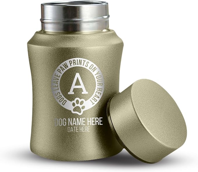 Customized Small Keepsake Urn Personalized Engraved with Pet Name, Date, and Text - 4" Powder Coated Cremation Mini Compact Urn for Dogs Ashes | 5–10 Lbs Capacity | Washed Gold, Paw Prints on Hearts