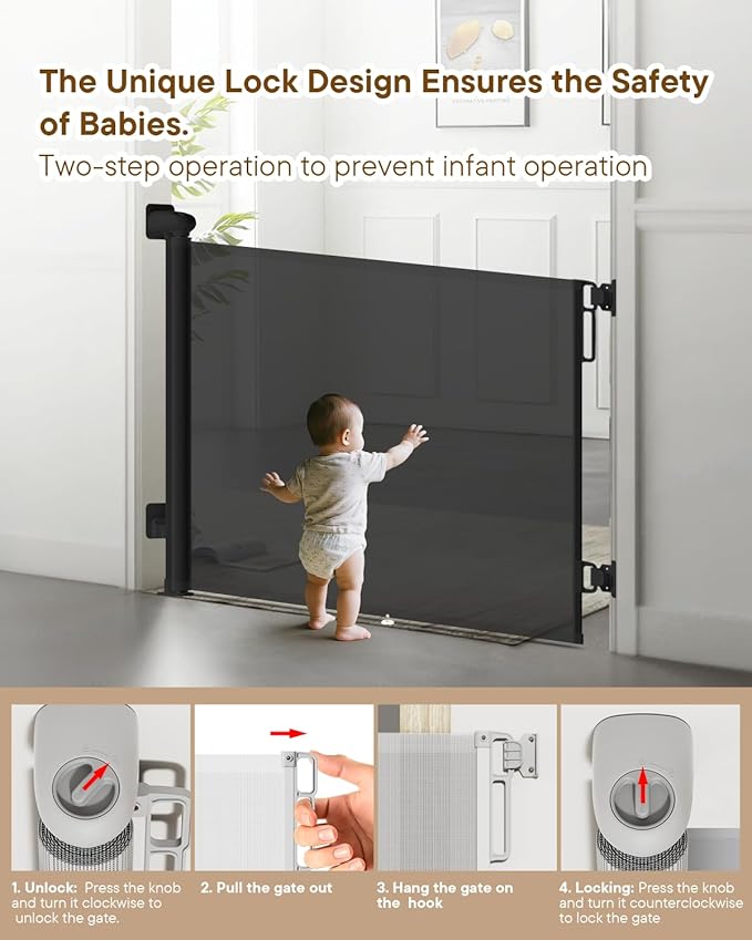 Retractable Baby Gate - 55" Wide Mesh Pet Gate with Anti-Crawling Hook, Safety Lock, One-Hand Operation, 34" Tall Baby Gate for Stairs, Doorways, Hallways, Garage, Indoor Outdoor, Black
