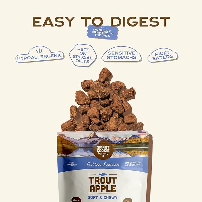 Smart Cookie All Natural Dog Treats - Trout & Apple - Training Treats for Dogs with Allergies, Sensitive Stomachs - Soft Dog Treats, Grain Free, Chewy, Human-Grade, Made in USA - 5oz, Pack of 3