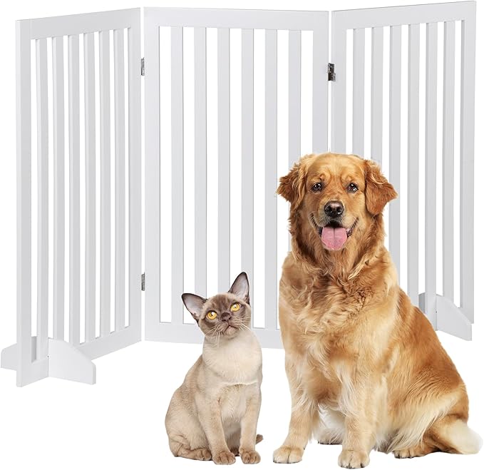 Freestanding Pet Dog Gate, 3-Panel/ 4-Panel Wooden Folding Fence for Hallway,Doorway,Hall,Stair,24 Inch Height Indoor Foldable Dog Fence