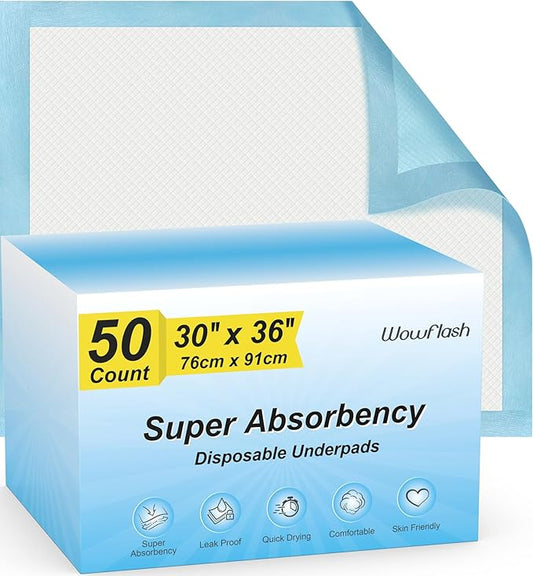 Super Absorbency Disposable Leakproof Underpads with Quick Drying for Baby, Adults, Puppy, Dog Bed Pee Pads, Extra Large, XXL Incontinence Pads, 30” x 36”, 50 Count