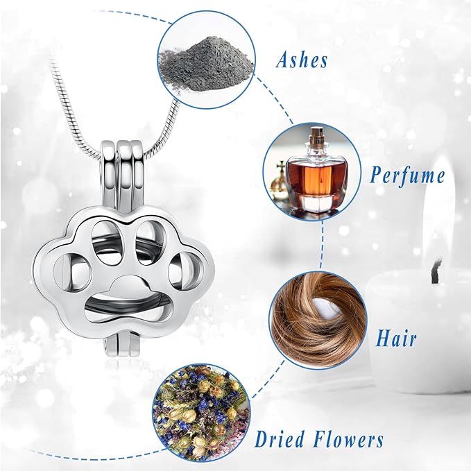 Pet Cremation Jewelry for Ashes Paw Memorial Locket Urn Necklace Keepsake Cremation Jewelry for Dog/Cat (Silver)