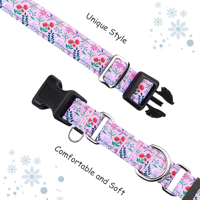Reflective Martingale Collar with Quick Release Buckle Anti Pulling Girl Female Dog Collars (Pink Flowers Plants, XSmall)