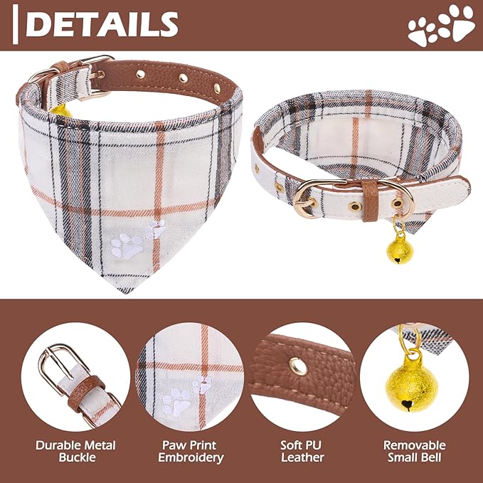 EXPAWLORER Dog Collar and Leash Set - Embroidery Pawprints Plaid Dog Leash and Collars, Cute Bandana and Detachable Collar, Suitable for Small Medium Dogs Girl Boy, Cream S-M