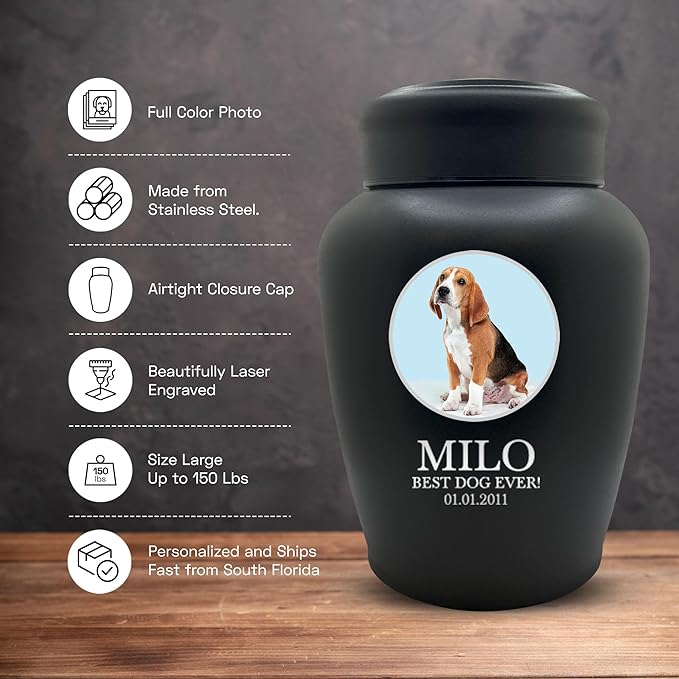 Personalized Custom Photo Dog Urn Engraved Dog Name and Date Stainless Steel Cremation Urns for Dogs Ashes with Pet Photo | Pets Up to 150 Lbs | Large 8.2" x 6.5" | Black