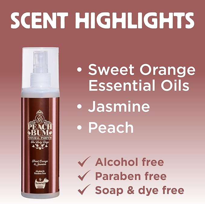 hownd Peach Bum Natural Parfume Mist Deodorizing & Detangling/Shine Spray For Dogs - Long Lasting, Sweet Orange & Jasmine, Freshen Up Between Baths - No Alcohol, Parabens, Soap or Dyes, 8.5oz