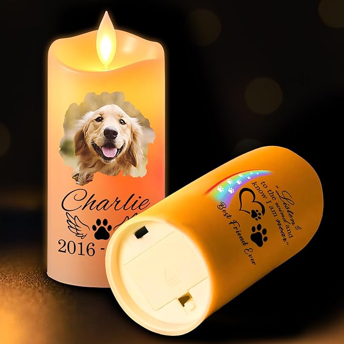 Personalized Dog Memorial LED Candle – Custom Remembrance Gift for Pet Loss, Battery Flickering Electric Candle, Bereavement Gift for Dog Lovers