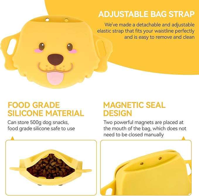 Dog Treat Pouch with Clicker Magnetic Closure, Silicone Fanny Pack for Pet Training,Adjustable Waist Belt, Leak-Proof, Ideal for Walking Training (Golden Retriever)