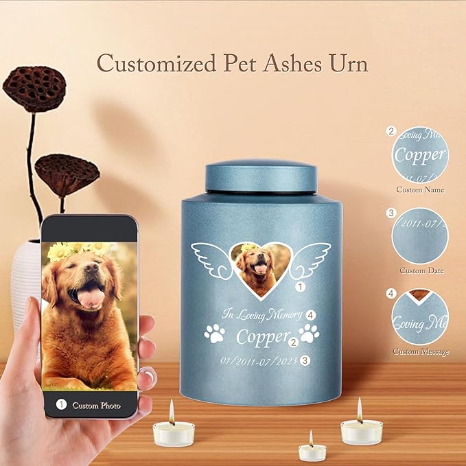 Custom Urns for Dogs and Cats Ashes Personalized Pet Urn with Name and Photo Pet Cremation Memorial Urn for Loss of Dog or Cats Engraved Pet Funeral Urns (Wings)