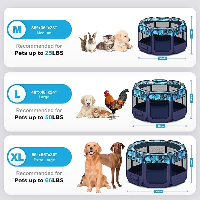 Dog Playpen, Pet Playpen, Portable Cat Playpen, Foldable Puppy Playpen Exercise Kennel Tent with Carry Case Collapsible Bowl,Water-Resistant Shade Cover for Indoor Outdoor Travel （Bule,Medium
