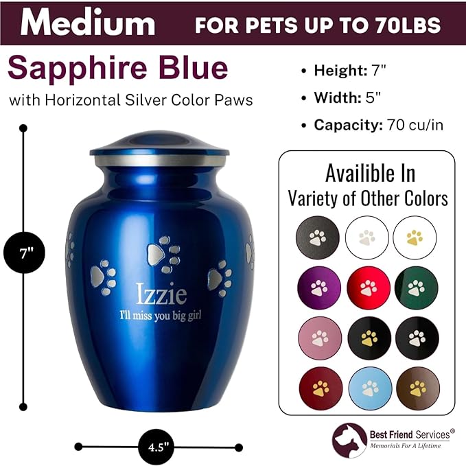 Ottillie Paws Premier Series Pet Urn for Dogs with Personalized Laser Engraving (Medium - Pets up to 65 lbs, Sapphire Blue with Horizontal Pewter Paws)