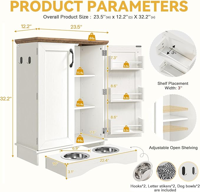 FIMELLO 32.2" H Dog Feeding Station with Storage, Dog Feeder Station with 2 Feeding Bowls, Adjustable Shelf, Pet Storage Cabinet Organizers for Cats and Dogs, Oak and White Grain