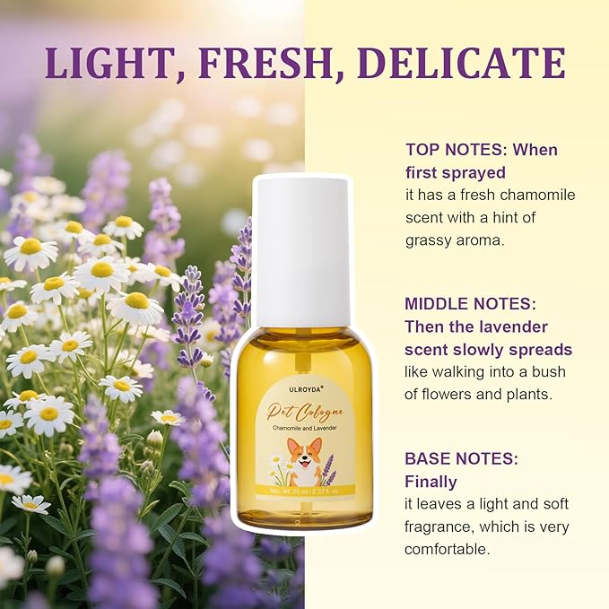 Calming Pet Cologne Spray, Lavender & Chamomile Dog Perfume, Soothing Grooming for Dogs and Cats, Anxiety Relief, Alcohol-Free Sensitive Skin Formula, Between Baths Freshener, 2.37 fl oz