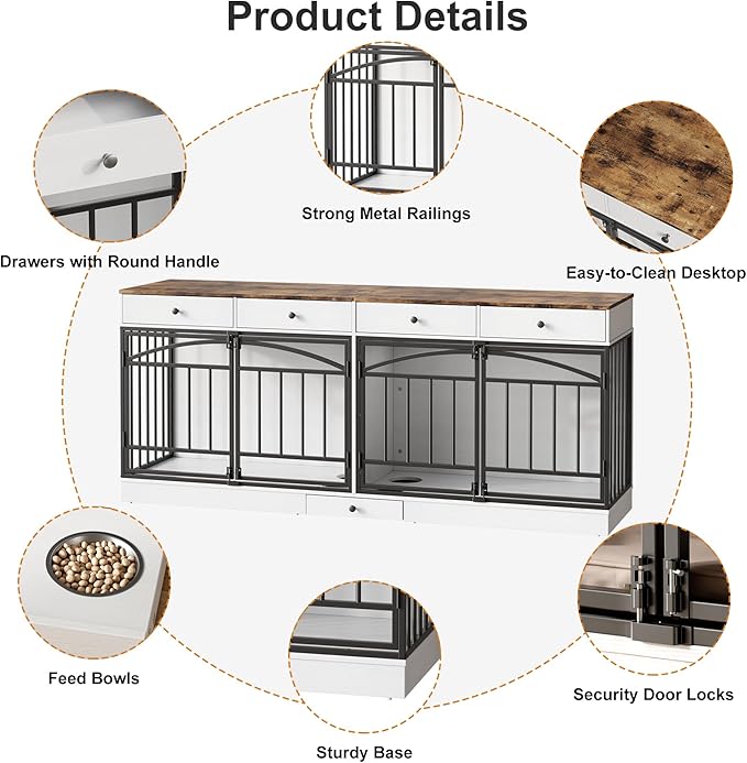 IDEALHOUSE 78.7" Double Dog Crate Furniture with Storage and 4 Doors, Dog Kennel Indoor with Feeding Bowls, Wood Dog Crate TV Stand for Small Medium Dogs, White