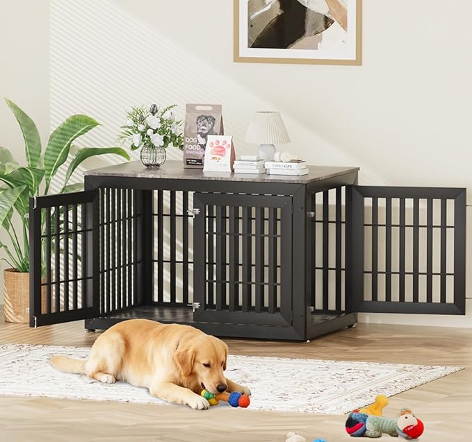 48" Heavy Duty Dog Crate Furniture for Small,Medium and Large Dogs,Rustic Wooden Dog Cage Kennel Indoor Furniture with Waterproof Top,Decorative Pet House Side End Table (Black & Grey)