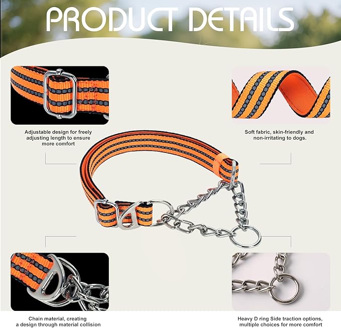 No-Pull Martingale Dog Collar for Medium Large Extra Large and XXL Dogs- Reflective Padded Strap & Durable Chain, Anti-Escape Design for Safe Walks & Training(Orange XXL)
