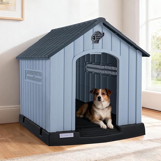 LEMBERI Durable Waterproof Plastic Dog House for Small to Medium Sized Dogs, Indoor Outdoor Doghouse with Air Vents and Elevated Floor, Easy to Assemble (Gray, 33.5" L x 31.5" W x 33.9" H)