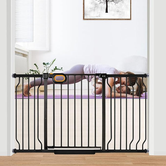 owlie Baby Gate Indoor 29-57'' Wide, Adjustable Safety Gate for Stairs No Drilling Baby Gate with Door Pet Pressure Mount Gate for Kids Dogs Extension Kit Stairway Doorway Black (30.5'' Tall)