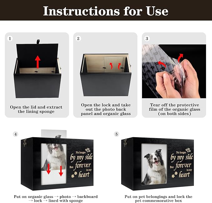 Pet Urns for Dogs or Cats Ashes with Photo Frame, Wooden Memory Box for Keepsakes with Black Flannel as Lining, Pet Memorial Gifts for Dogs (Black Medium)