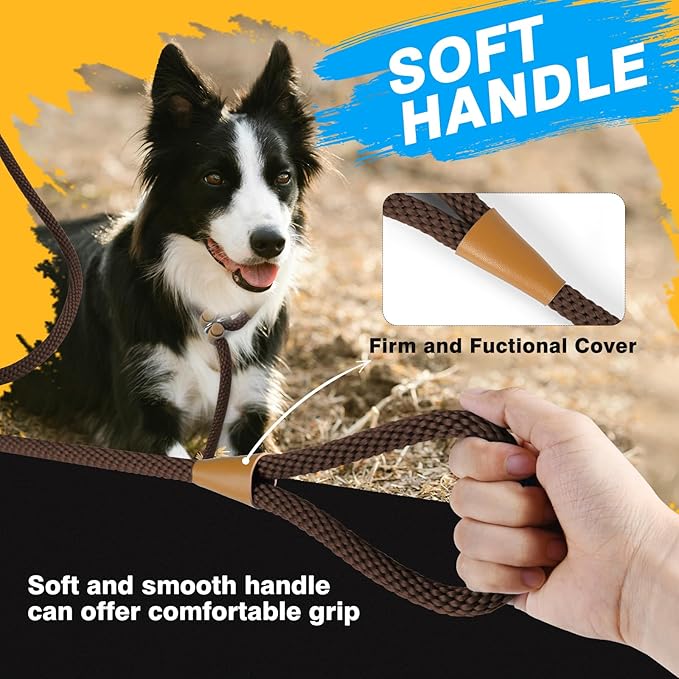 FASTFOX Dog Training Leash, 6ft x 1/2 Inch Slip Lead Loop for Small Medium Large Dogs, No Pull 3-in-1 (Brown)