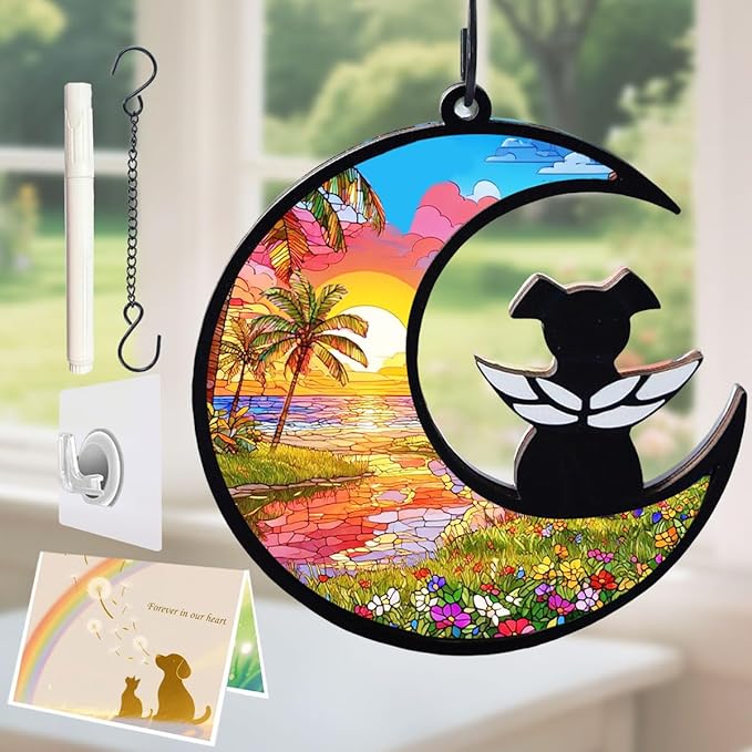Dog Angel Memorial Suncatcher with Rainbow Bridge Poem Card, Pet Sympathy Gifts for Loss of Dog, Seaside Sunset