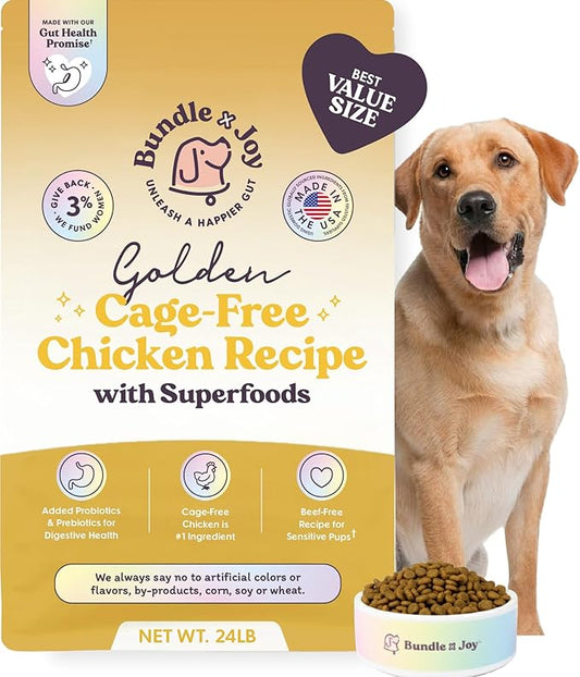 Bundle x Joy Golden Probiotic Dog Food Dry, Chicken, 24lb Bag, Allergy and Gut-Friendly Adult Kibble for Digestive Health Made with Cage-Free Chicken, 20 Plant Based Superfoods, Grain Free