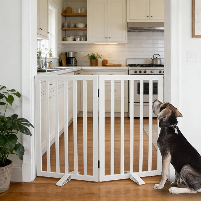 Dog Gate Indoor, Freestanding Dog Fence for The House, Doorways, Hallways,or Stairs,Pet Gate Foldable Wooden,Expandable 32" Height 2 Panels,White