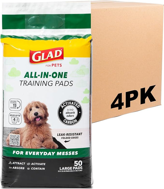 Glad for Pets Black Charcoal Puppy Training Pads with Odor Control and Pheromone Attractant, Leak Resistant Dog Potty Pads for House Training Puppies and Dogs, 23 x 23 in, 50 Count - 4 Pack