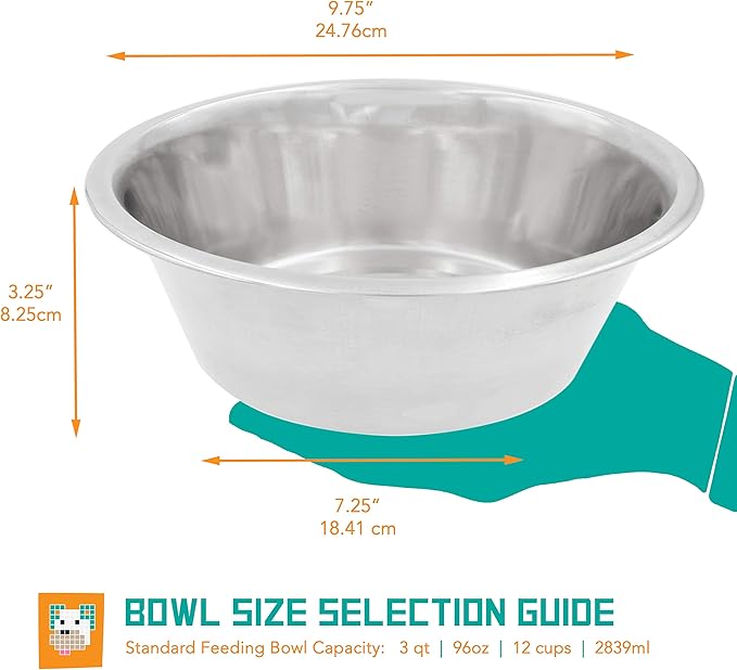 Standard Feeding Bowl for Every Pet Size, Fits into Raised Feeders, Metallic Silver, Stainless Steel, 3 Quart (STFD-3Q)