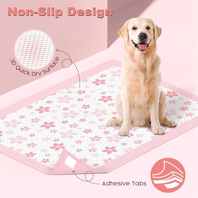 MIZOK Dog Pee Pads Extra Large 28"x34", Potty Pads for Big Dog Breeds, Super Absorbent & Leak-Proof, Pink Cherry Blossom Prints, Thick & Heavy, 4-Corner Adhesive Tabs, XL (30 Counts)