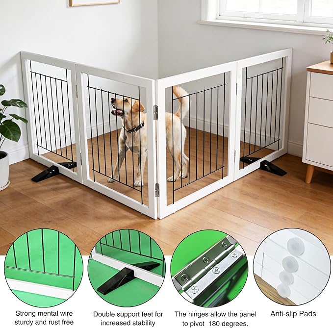 ZJSF Freestanding Dog Gate Indoor, Foldable Dog Fence for Doorways,Hallways or Stairs, Sturdy Wood Extra Wide Pet Gate with Support Feet,White,24 "Height-4 Panels