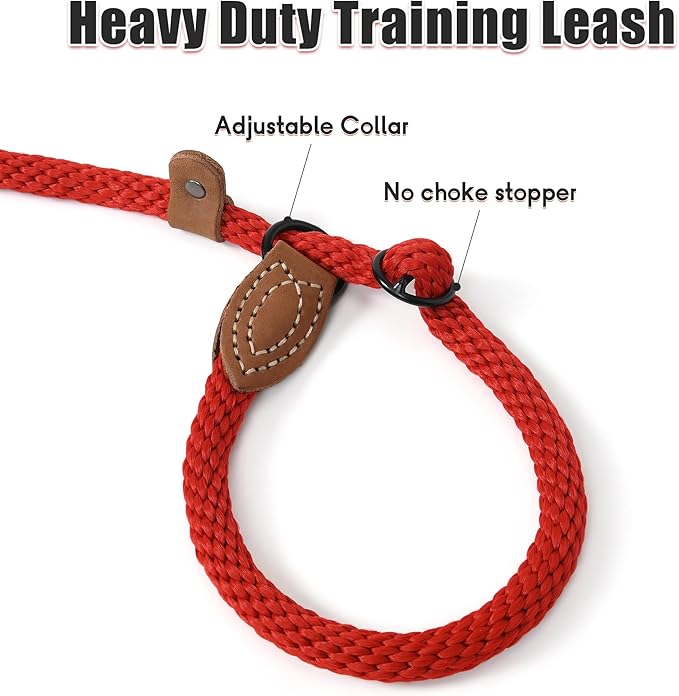 Mile High Life Slip Leads for Dogs | Heavy Duty Dog Training Leash | 5 Feet No Pull Slip Leashes w Leather Tip | Red Rope Lead for Dogs Outside