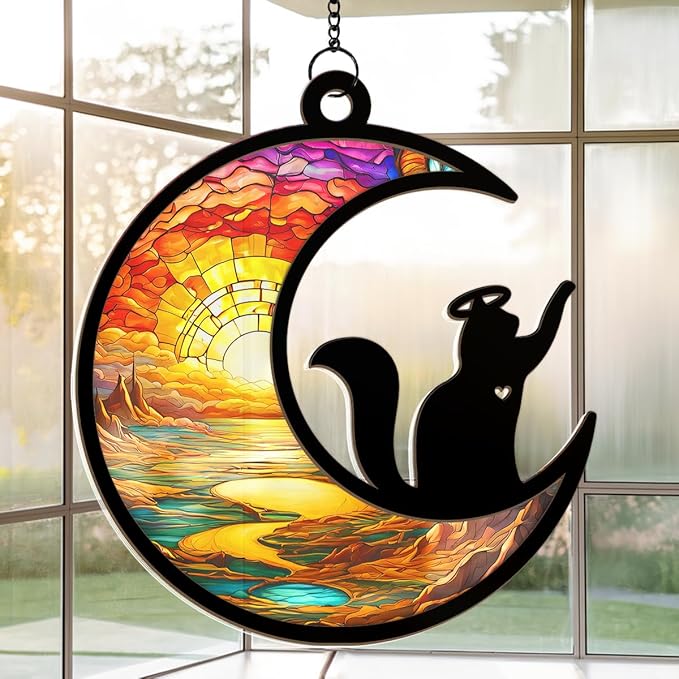 Cat Memorial Christmas Ornament, Memorial Window Hanging Suncatcher Ornaments, Black Cat Memorial Gifts for Loss of Cats, Pet Loss Sympathy Gift for Pet Lovers Women, Memorial Ornaments