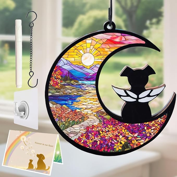 Dog Angel Memorial Suncatcher with Rainbow Bridge Poem Card, Pet Sympathy Gifts for Loss of Dogs and Cats, Natural Landscape