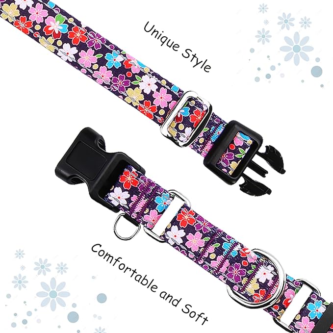 Reflective Martingale Collar for Dogs with Buckle Pretty Fancy Female Floral Dog Collars (Japanese Blossoms, Medium)