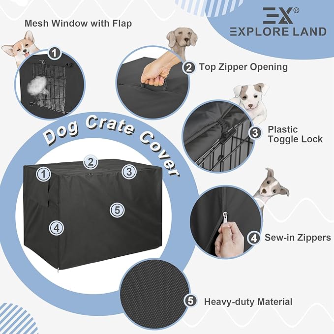 Explore Land Dog Crate Cover Heavy Duty Polyester Pet Kennel Sunshade Universal Fit for 36 inches Wire Cage (Black)