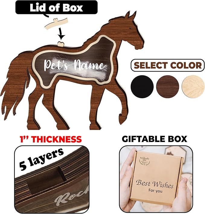 Personalized Horse Shape Keepsake Box Unique Wooden Pet Fur Gift Sympathy Pet Loss Gift Memorial Storing Hair Nail Teeth Ashes Standable Tabletop Decor Gift Idea for Pet Horse Lover Family Friends